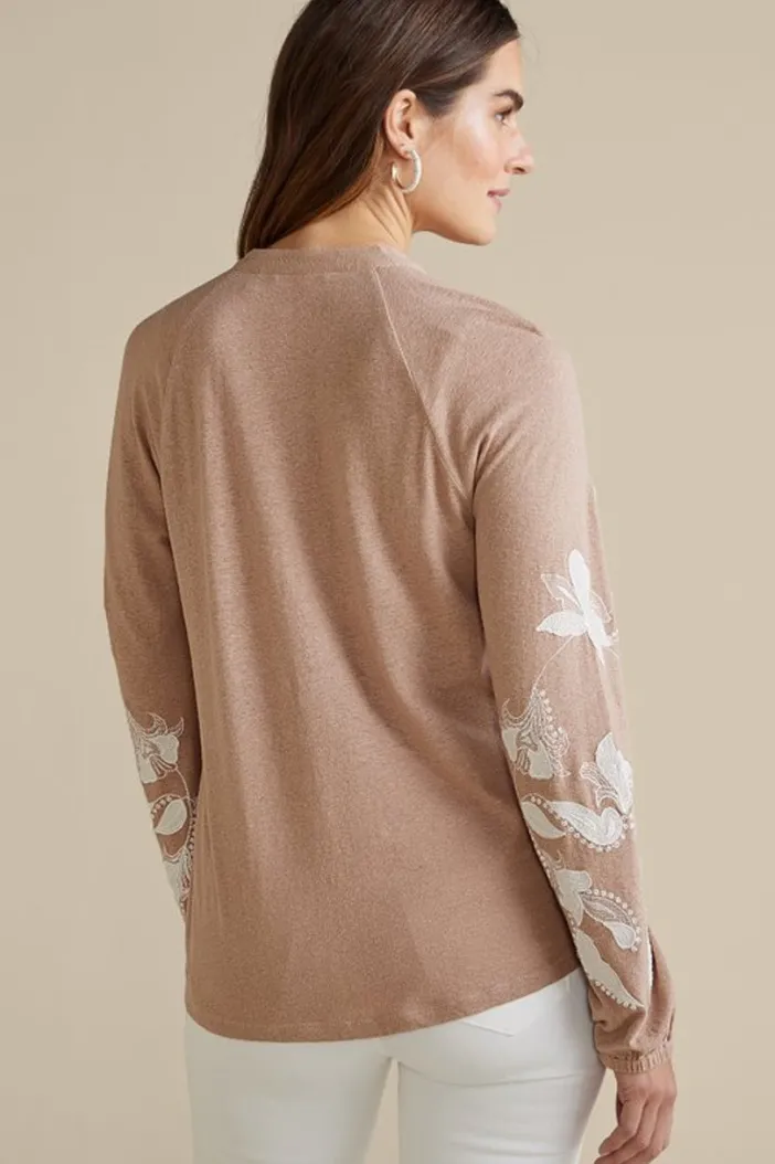Soft Surroundings Tops|Alva Embroidered Knit Top Beige