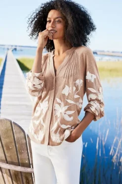 Soft Surroundings Tops|Alva Embroidered Knit Top Beige