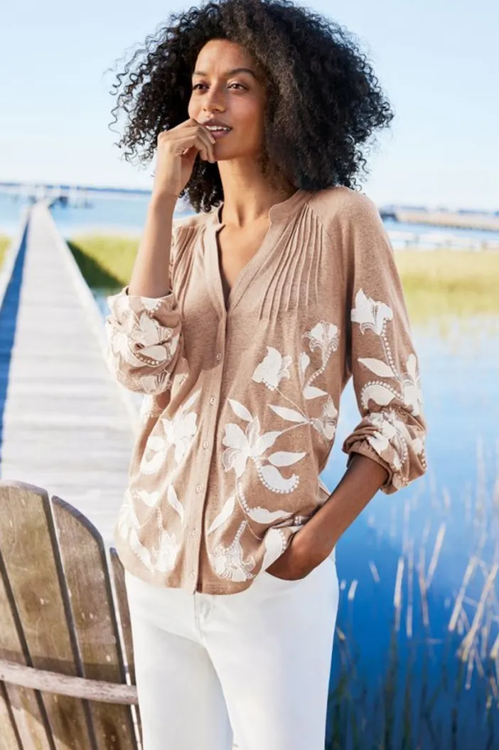 Soft Surroundings Tops|Alva Embroidered Knit Top Beige