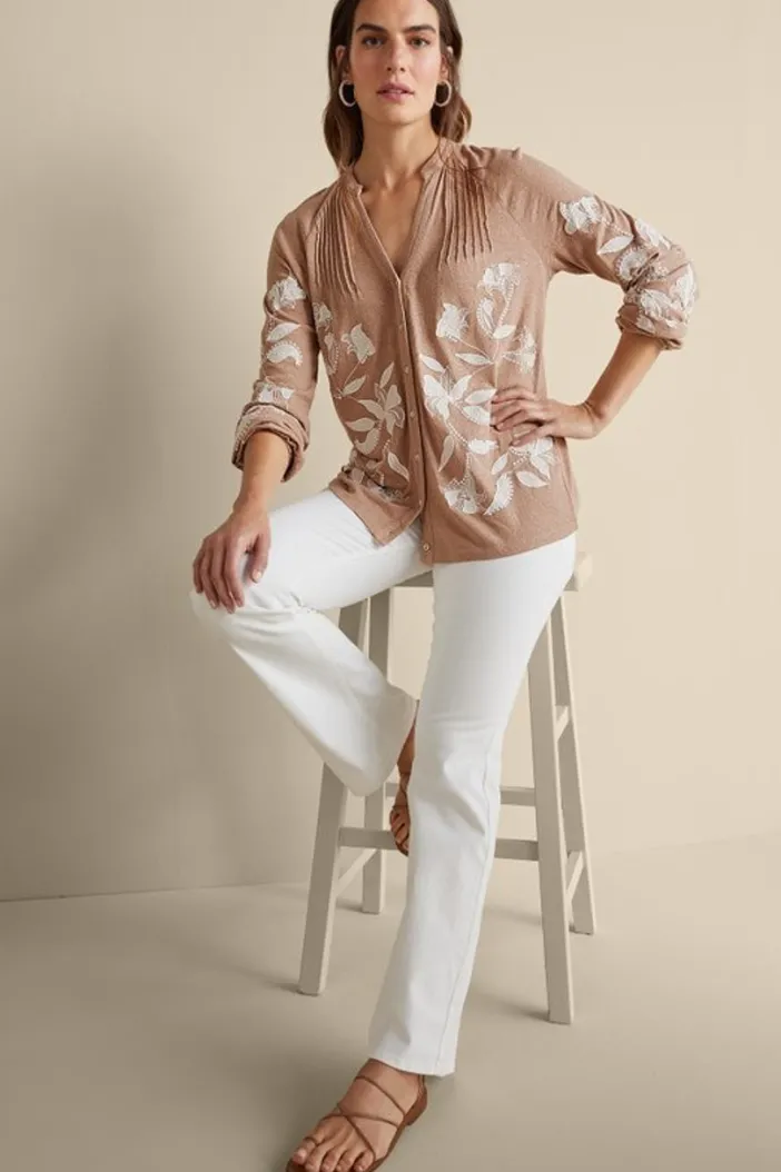 Soft Surroundings Tops|Alva Embroidered Knit Top Beige