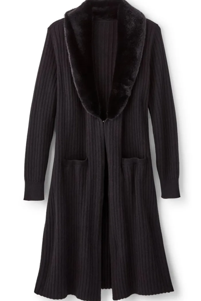Soft Surroundings Sweaters & Cardigans|Amalie Faux Fur Collar Ribbed Cardigan Black