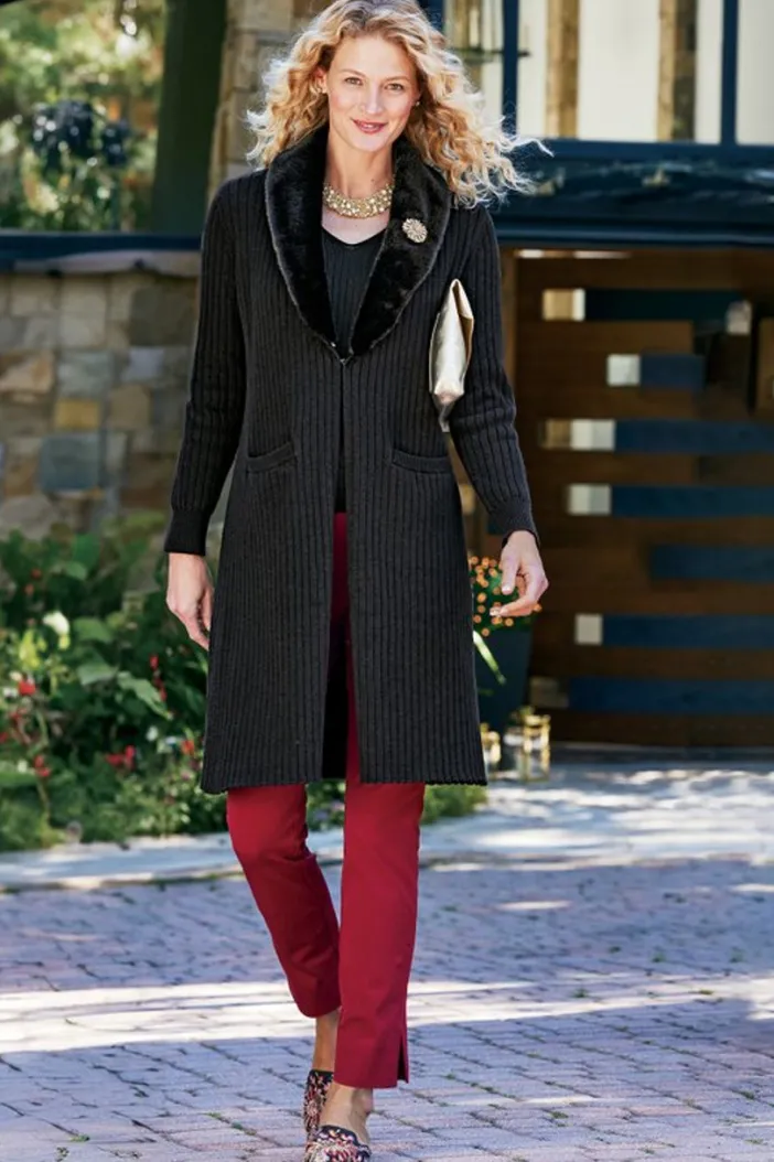 Soft Surroundings Sweaters & Cardigans|Amalie Faux Fur Collar Ribbed Cardigan Black