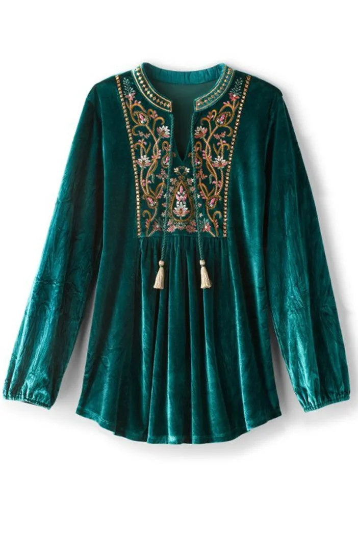 Soft Surroundings Tops|Ashanti Embellished Velvet Tunic JuneBug