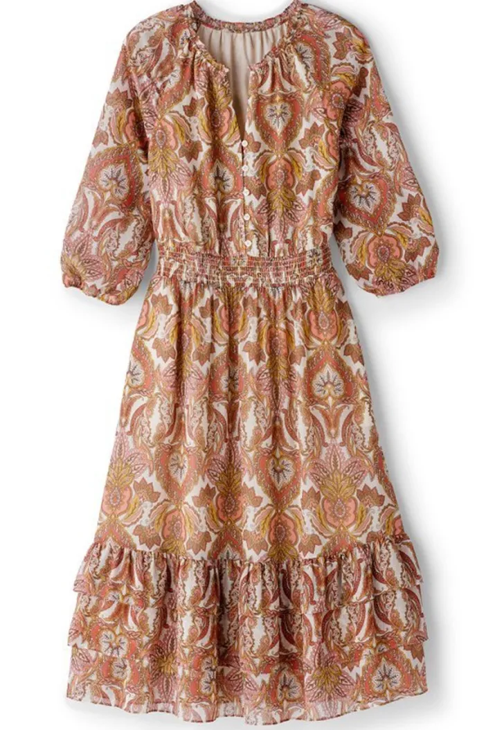 Soft Surroundings Dresses|Betsey Midi Dress GlobalScarfCreamCoral