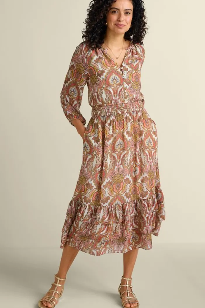 Soft Surroundings Dresses|Betsey Midi Dress GlobalScarfCreamCoral