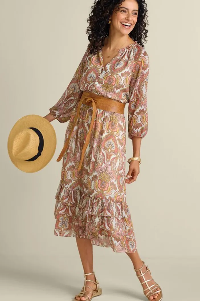 Soft Surroundings Dresses|Betsey Midi Dress GlobalScarfCreamCoral