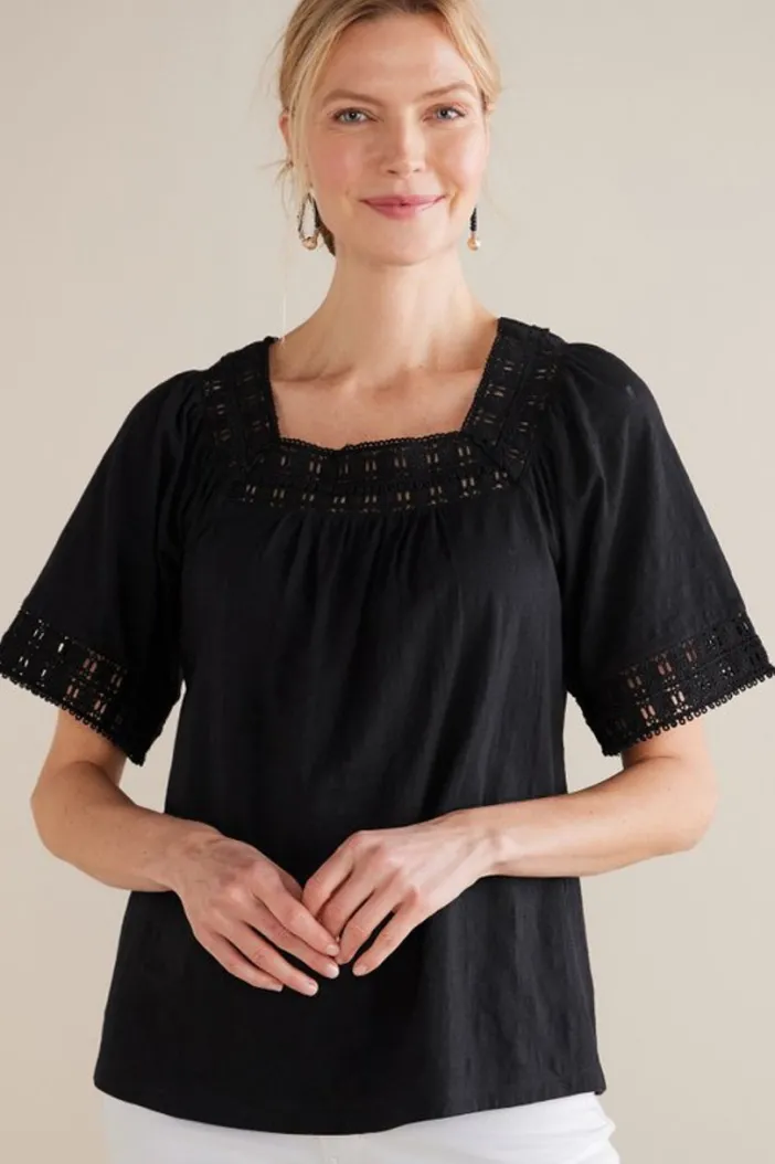 Soft Surroundings Tops|Brianna Crochet Knit Tee Black