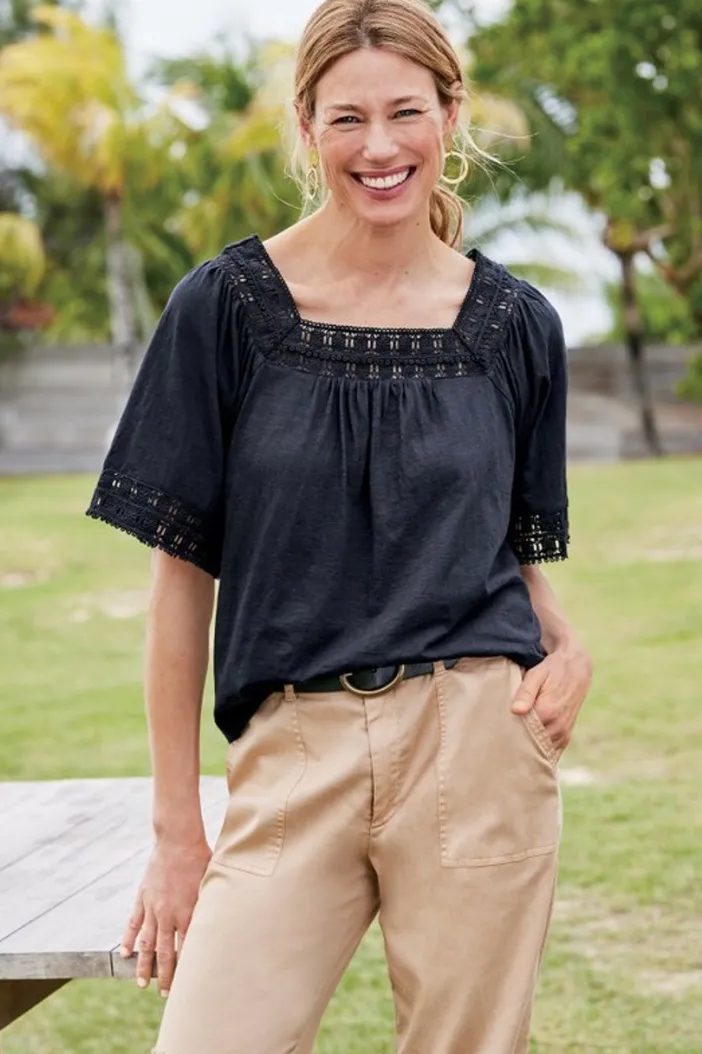 Soft Surroundings Tops|Brianna Crochet Knit Tee Black
