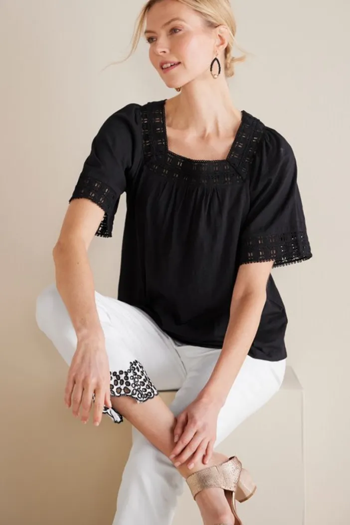 Soft Surroundings Tops|Brianna Crochet Knit Tee Black