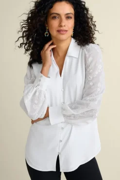 Soft Surroundings Tops|Calathea Embroidered Sleeve Shirt White