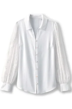 Soft Surroundings Tops|Calathea Embroidered Sleeve Shirt White
