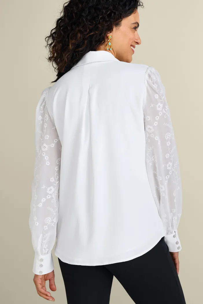 Soft Surroundings Tops|Calathea Embroidered Sleeve Shirt White
