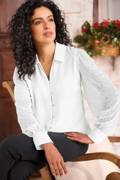 Soft Surroundings Tops|Calathea Embroidered Sleeve Shirt White