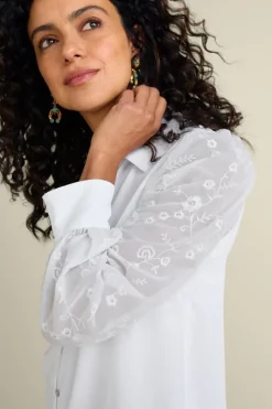 Soft Surroundings Tops|Calathea Embroidered Sleeve Shirt White