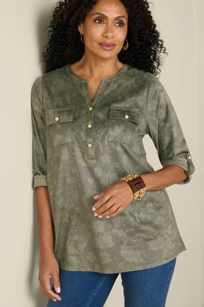 Soft Surroundings Tops|Charine Faux Suede Tunic FloralScarfGreen