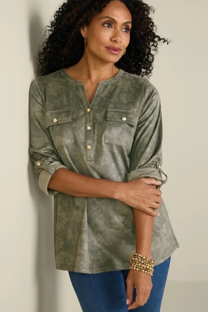 Soft Surroundings Tops|Charine Faux Suede Tunic FloralScarfGreen
