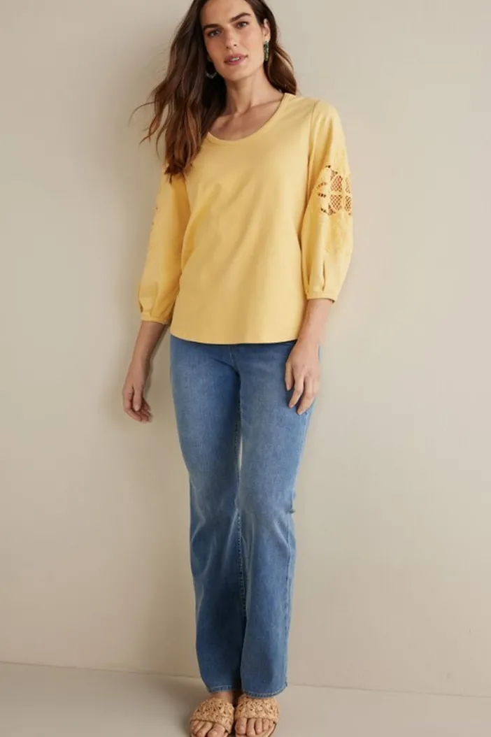 Soft Surroundings Tops|Charmaine Embroidered French Terry Top BuffYellow
