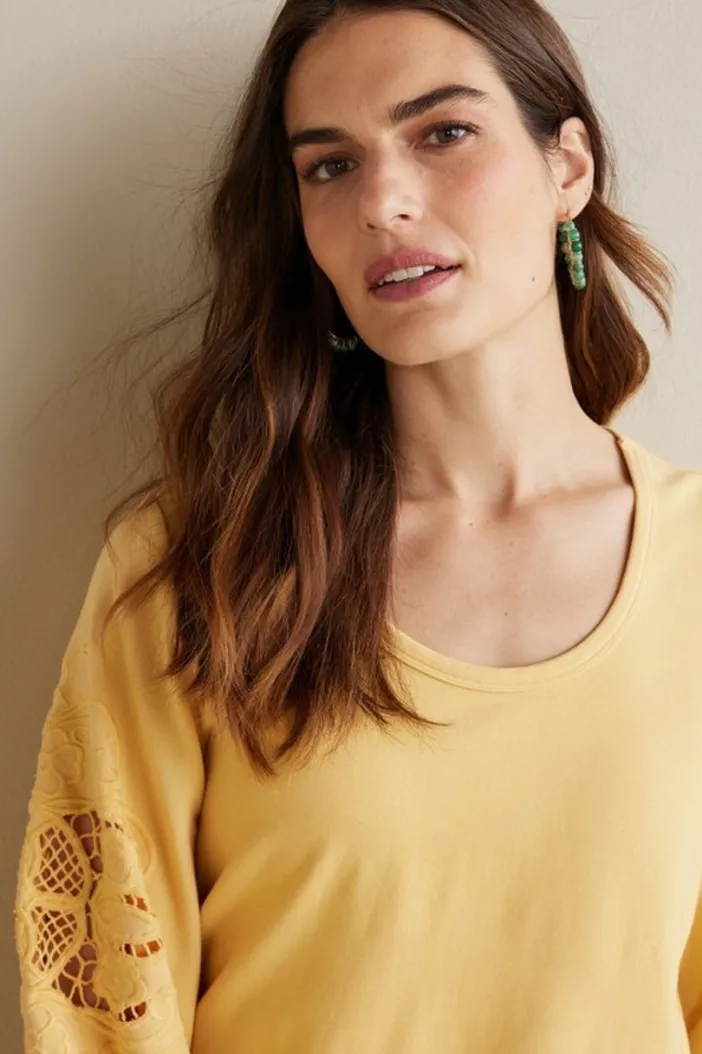 Soft Surroundings Tops|Charmaine Embroidered French Terry Top BuffYellow