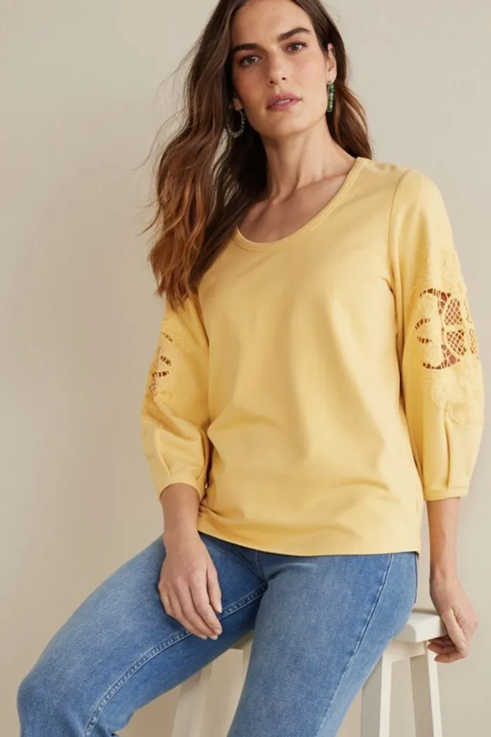 Soft Surroundings Tops|Charmaine Embroidered French Terry Top BuffYellow