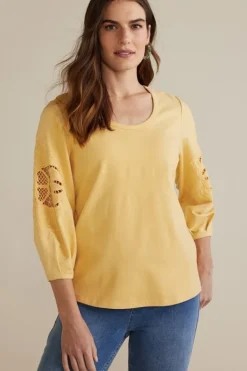 Soft Surroundings Tops|Charmaine Embroidered French Terry Top BuffYellow