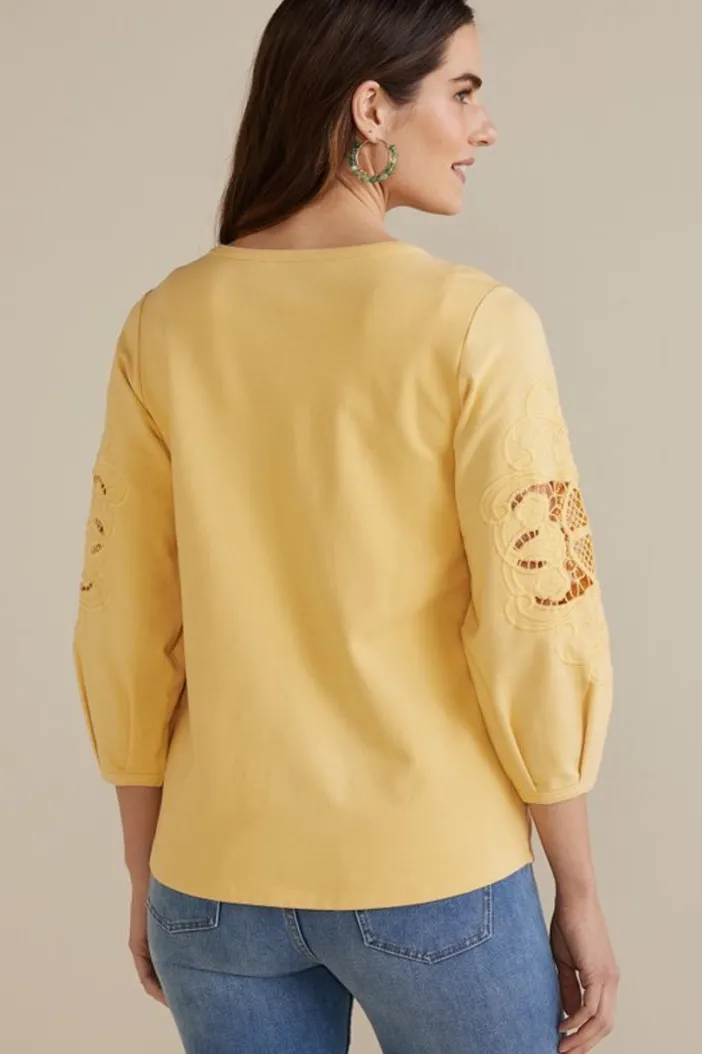 Soft Surroundings Tops|Charmaine Embroidered French Terry Top BuffYellow