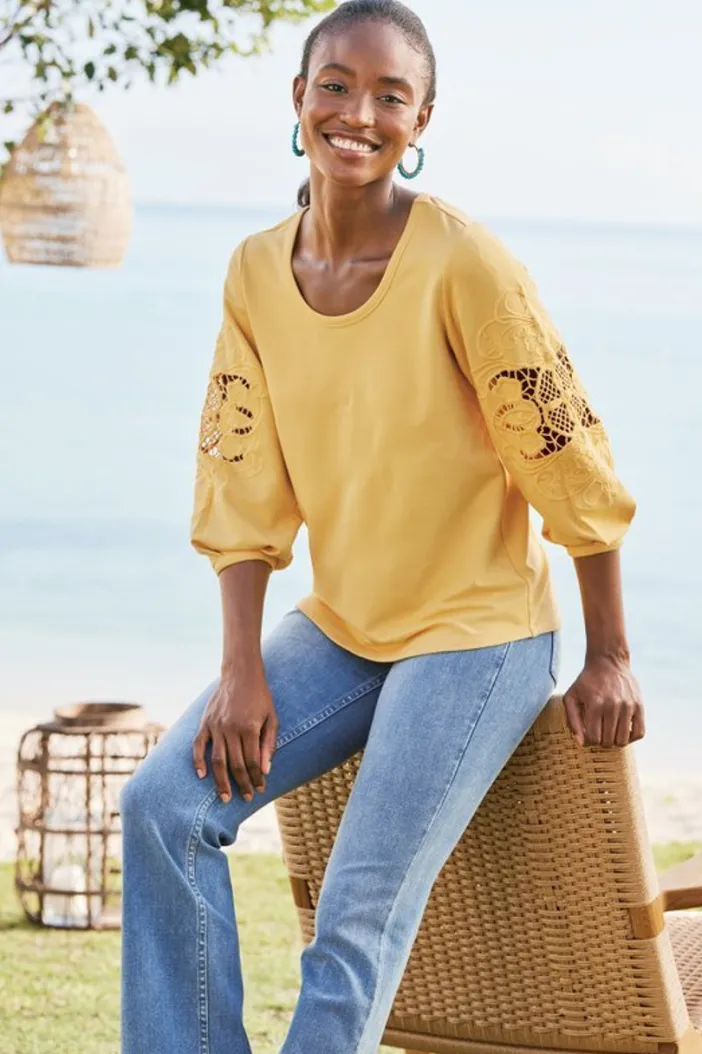 Soft Surroundings Tops|Charmaine Embroidered French Terry Top BuffYellow