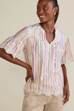 Soft Surroundings Tops|Ciel Metallic Stripe Eyelet Top MultiMetallicStripe