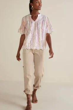 Soft Surroundings Tops|Ciel Metallic Stripe Eyelet Top MultiMetallicStripe