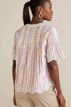 Soft Surroundings Tops|Ciel Metallic Stripe Eyelet Top MultiMetallicStripe