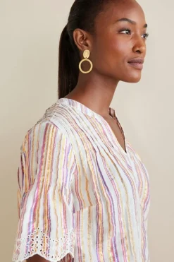 Soft Surroundings Tops|Ciel Metallic Stripe Eyelet Top MultiMetallicStripe