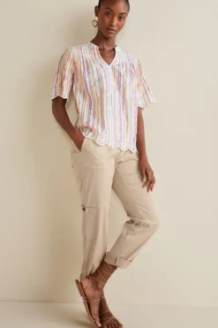 Soft Surroundings Tops|Ciel Metallic Stripe Eyelet Top MultiMetallicStripe