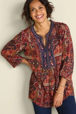 Soft Surroundings Tops|Cindra Embroidered Gauze Tunic RivieraPatchworkBurgund