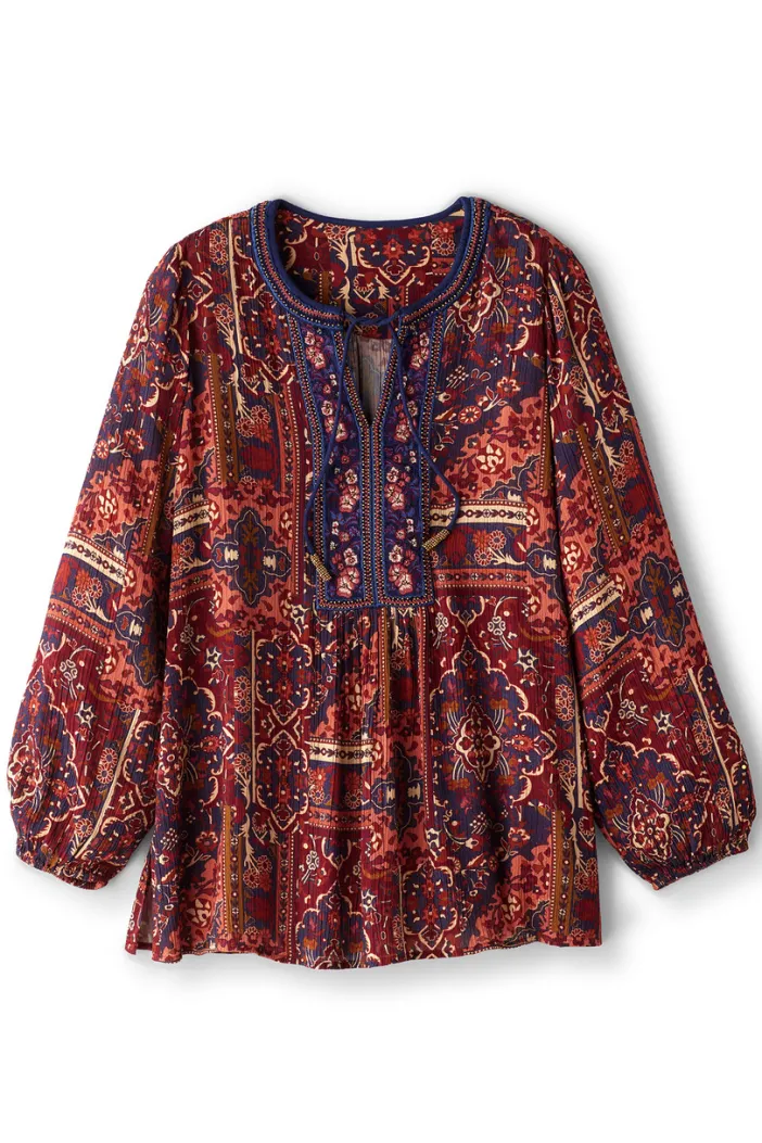 Soft Surroundings Tops|Cindra Embroidered Gauze Tunic RivieraPatchworkBurgund