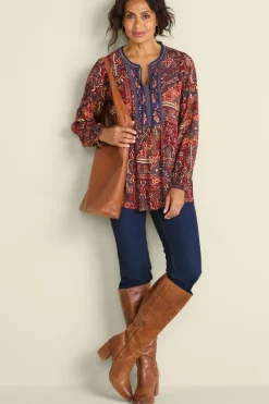 Soft Surroundings Tops|Cindra Embroidered Gauze Tunic RivieraPatchworkBurgund