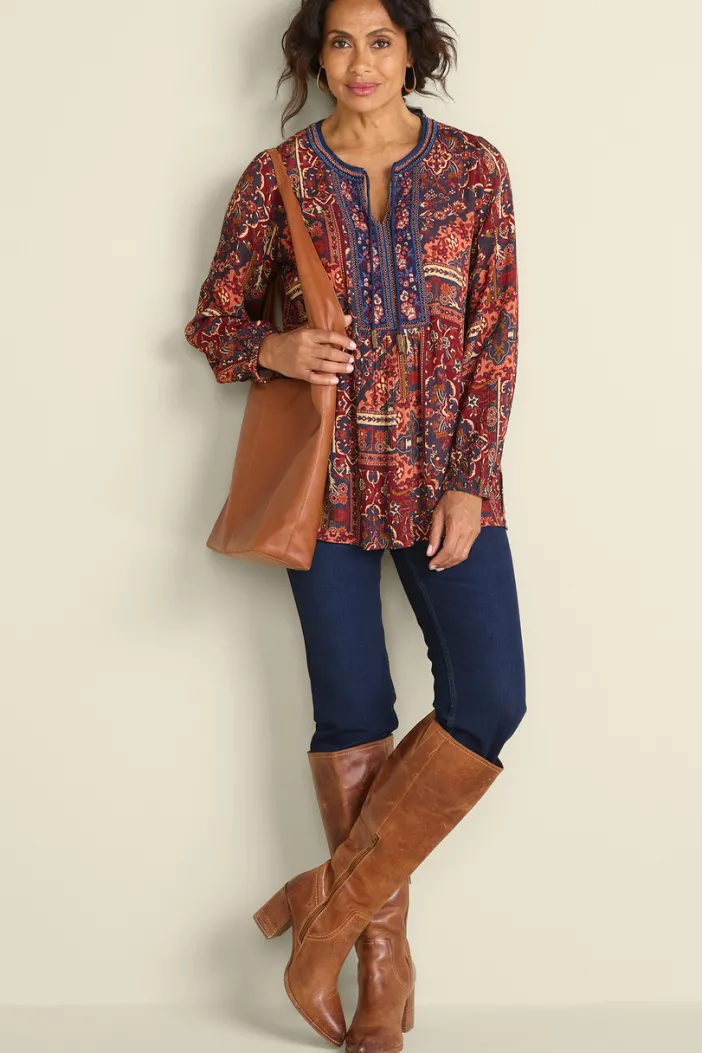Soft Surroundings Tops|Cindra Embroidered Gauze Tunic RivieraPatchworkBurgund