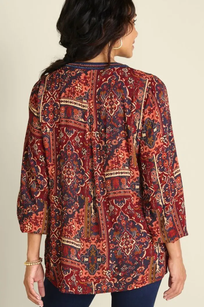 Soft Surroundings Tops|Cindra Embroidered Gauze Tunic RivieraPatchworkBurgund