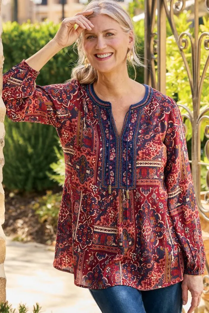 Soft Surroundings Tops|Cindra Embroidered Gauze Tunic RivieraPatchworkBurgund