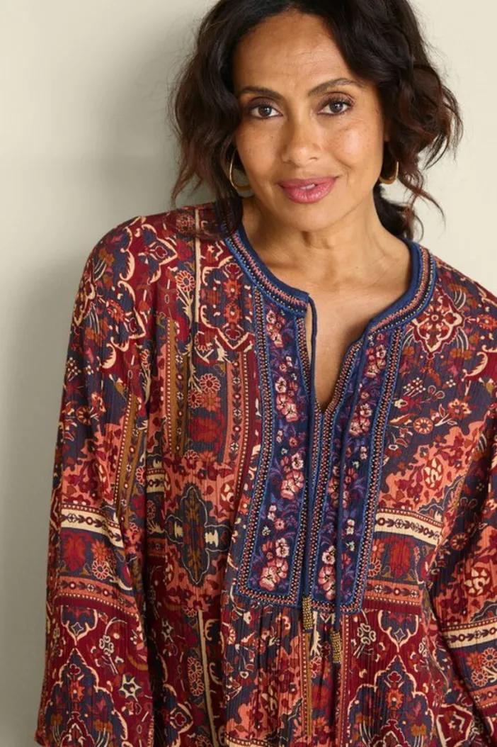 Soft Surroundings Tops|Cindra Embroidered Gauze Tunic RivieraPatchworkBurgund