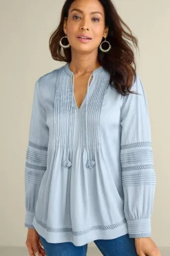 Soft Surroundings Tops|Connie Lace Trim Crepe Top BlueFog