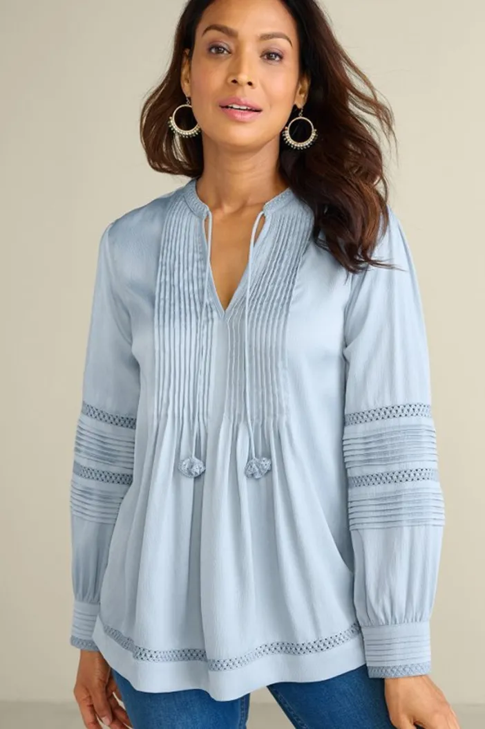 Soft Surroundings Tops|Connie Lace Trim Crepe Top BlueFog