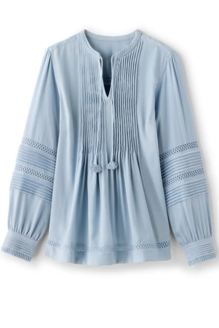 Soft Surroundings Tops|Connie Lace Trim Crepe Top BlueFog