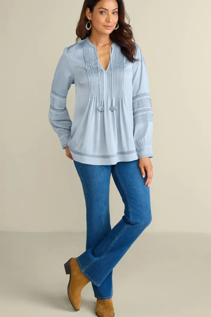 Soft Surroundings Tops|Connie Lace Trim Crepe Top BlueFog