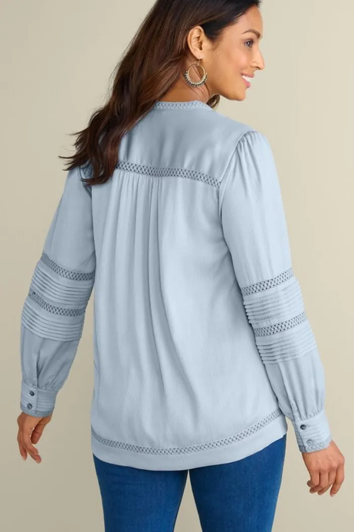 Soft Surroundings Tops|Connie Lace Trim Crepe Top BlueFog