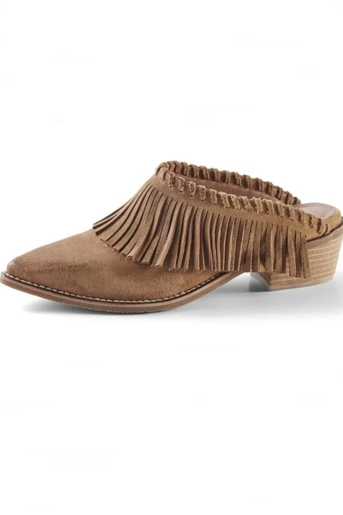 Soft Surroundings Shoes|Dabney Fringe Suede Mules Taupe