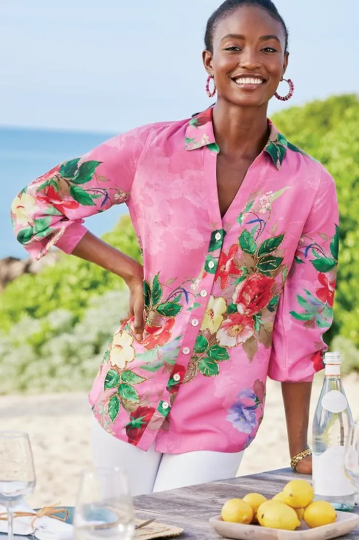 Soft Surroundings Tops|Danica Embellished Shirt Red/PinkFloral