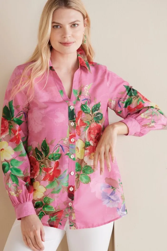Soft Surroundings Tops|Danica Embellished Shirt Red/PinkFloral