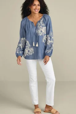 Soft Surroundings Tops|Diya Embroidered Tencel™ Peasant Top MediumWash