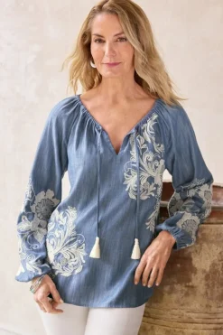 Soft Surroundings Tops|Diya Embroidered Tencel™ Peasant Top MediumWash