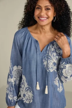 Soft Surroundings Tops|Diya Embroidered Tencel™ Peasant Top MediumWash