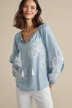 Soft Surroundings Tops|Diya Embroidered Tencel™ Peasant Top MediumWash